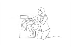 Continuous one line drawing housewife putting dirty laundry in washing machine. Laundry service concept. Single line draw design vector graphic illustration.