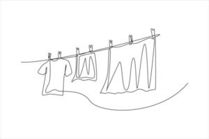 Continuous one line drawing clean clothes hanging on a rope. Laundry service concept. Single line draw design vector graphic illustration.
