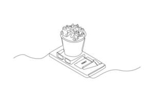 palomitas de maíz de dibujo de una sola línea, anteojos de película 3d y entradas de cine en el teléfono inteligente. concepto de boleto en línea. ilustración de vector gráfico de diseño de dibujo de línea continua.