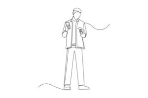 Single one line drawing young man checking ticket in hand with his mobile phone. Online ticket concept.  Continuous line draw design graphic vector illustration.