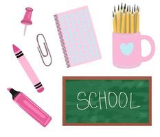 material escolar mochila, lápices, pinceles, pinturas, regla, sacapuntas, pegatinas, calculadora, libros, pegamento. De vuelta a la escuela. vector