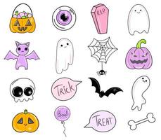 Cute vector set with Halloween illustrations. Smiling and funny cartoon characters pumpkin, ghost, cat, bat. Stickers, icons, design elements