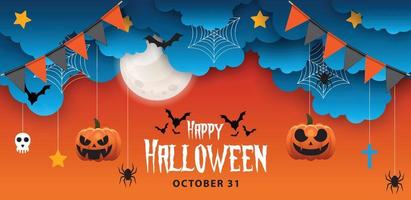 banner de feliz halloween o fondo de invitación de fiesta con nubes nocturnas y estilo calabazas. ilustración vectorial luna llena en el cielo vector