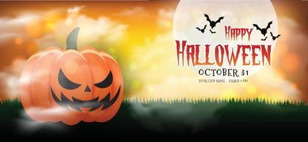 Happy Halloween banner or party invitation background with night clouds and pumpkins style. Vector illustration. Full moon in the sky