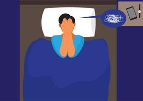 man lying in bed he is stressed and thinking Concept illustration of depression, insomnia, irritability, loneliness, trouble. Flat vector illustration.