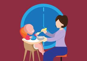 mother feeds her little son with spoon baby sitting in high eating chair child feeding childcare concept modern kitchen interior horizontal full length flat vector