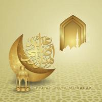 Luxurious and elegant design Eid Al adha greeting with gold color on arabic calligraphy, crescent moon, lantern and textured gate mosque. vector illustration.