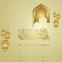 Luxurious and elegant design Eid Al adha greeting with gold color on arabic calligraphy, crescent moon, lantern and textured gate mosque. vector illustration.