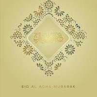 Luxurious and elegant design Eid Al adha greeting with gold color on arabic calligraphy and textured Islamic ornamental detail of mosaic. Vector illustration.