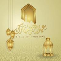 diseño lujoso y elegante saludo eid al adha con color dorado en caligrafía árabe, luna creciente, linterna y mezquita de puerta texturizada. ilustración vectorial vector