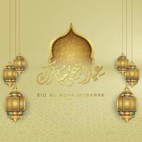 Luxurious and elegant design Eid Al adha greeting with gold color on arabic calligraphy, crescent moon, lantern and textured gate mosque. vector illustration.