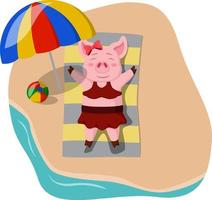 Cute pig cartoon sunbathing on the beach vector