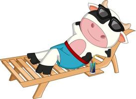 Cute cow relaxing on deck chair vector