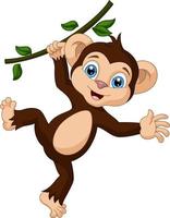 Cute little monkey cartoon hanging on tree branch vector