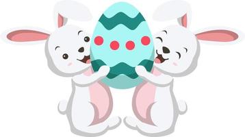 Two funny little white bunny holding an Easter egg vector