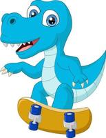 Cute blue dinosaur cartoon playing skateboard vector