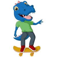 dibujos animados lindo dinosaurio azul jugando patineta vector