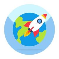 Globe with rocket, flat design icon of global launch vector