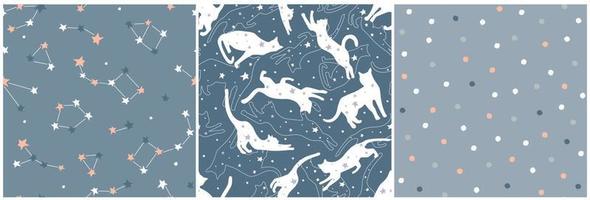 A set of abstract seamless patterns with space. Silhouettes of cats in the starry sky, constellations. Vector graphics.