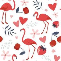 Seamless pattern with flamingos, hearts, fruits. Summer abstract print. Ornament for the holidays of birthday, Valentine's Day. Vector graphics.