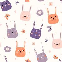 Seamless pattern with cute bunny faces. Rabbit with butterflies and flowers. Summer baby simple abstract print. Vector graphics.