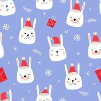 Seamless pattern with Christmas bunnies. Children's winter abstract trend print with funny rabbits, gifts, snowflakes. Vector graphics.