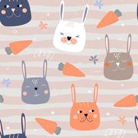 Seamless pattern with cute bunny faces. Baby rabbits with carrots and flowers. Summer simple abstract print. Vector graphics.