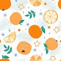 Seamless pattern with a New Year's Christmas print. Tangerine fruits on the background of fir branches, snowflakes, stars. Vector graphics.