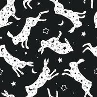 Abstract seamless patterns with space. Flying dream rabbits. Silhouettes of hares in the starry sky, constellations, the moon. Vector graphics.