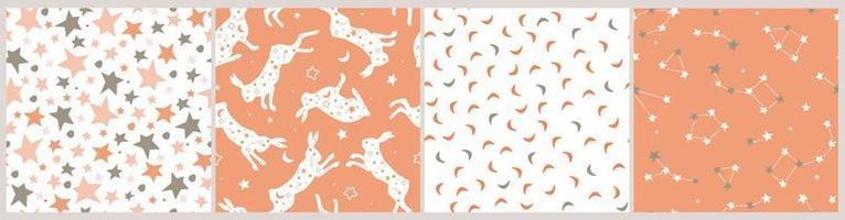 A set of seamless patterns with a starry sky, dream hares, constellations. Space abstract prints with rabbits. Vector graphics.