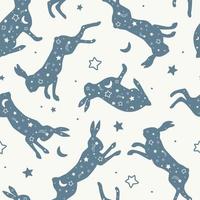 Abstract seamless patterns with space. Flying dream rabbits. Silhouettes of hares in the starry sky, constellations, the moon. Vector graphics.