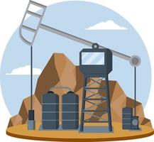 Oil rig. Extraction of minerals. Fuel production, heavy industry. Tower to pump black liquid. Middle East, mountains and desert. Oil tank. Natural scenery. Engineer's place of work. Flat cartoon