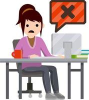 Error message in computer. Shocked woman sit at table with monitor. Hacking data system. Cartoon flat illustration. Office work and freelance. Virus and bug. Problem with program vector