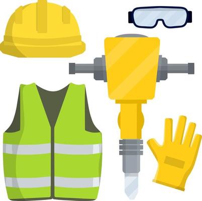 Clothing and tools worker and the Builder. Type of profession. Cartoon flat illustration. Kit items and objects. Green uniform, gloves, jackhammer, goggles, orange vest and helmet. industrial safety