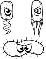 virus y conjunto de bacterias. agente causal. microorganismo bajo microscopio con flagelos. microbio peligroso. carácter científico con ojo. ilustración de dibujos animados vector