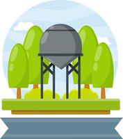 Torre de agua. sistema de comunicación de la pequeña ciudad. tanque industrial. granja y verde paisaje rural con árboles. Cilindro alto y cañón. ilustración plana de dibujos animados vector