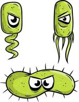 virus y bacterias verdes. agente causal. microorganismo bajo microscopio con flagelos. microbio peligroso. carácter científico con ojo. ilustración de dibujos animados vector