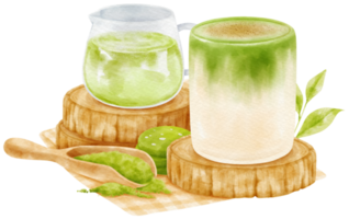 matcha grönt te latte dryck sammansättning akvarell png
