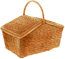 Vintage rattan picnic basket in watercolor beach accessories png