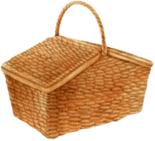 cestino da picnic vintage in rattan con accessori da spiaggia ad acquerello png