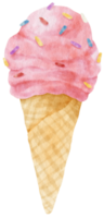 Strawberry ice cream cone in watercolor summer decor element png