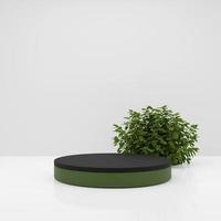 Minimal green and black 3d rendering stage podium display for product presentation with leaves photo