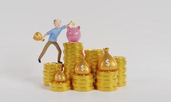 personaje de dibujos animados de hombre sosteniendo una bolsa de dinero dejando caer una alcancía en una pila de monedas. concepto de ahorro de dinero. representación 3d foto