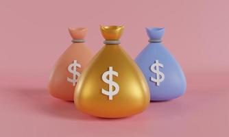 bolsa de dinero con icono de dólar, concepto de ahorro de dinero, bolsas de dinero de diferencia sobre fondo rosa. renderizado 3d, negocios y finanzas. foto