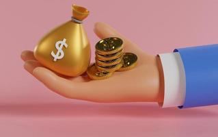 3d Cartoon hand holding money bag with gold coins icon on pink background. 3d rendering photo