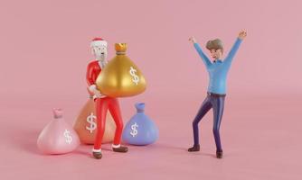 Santa Claus gives a bag of money to a businessman, Financial concept, money saving, 3d render illustration. photo