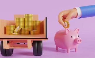 Cartoon Hand putting gold coin to piggy bank with coins stack on truck, Financial concept, money saving, 3d render illustration. photo