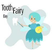 Tooth Fairy Day, magic character with a wand and wings in a blue outfit with a coin in his hand