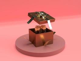 Gold open gift box with ribbon and stack of golden coins on pink background. 3d render. photo