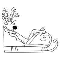 Christmas coloring page with funny reindeer on sleigh, outline greeting card for creativity vector